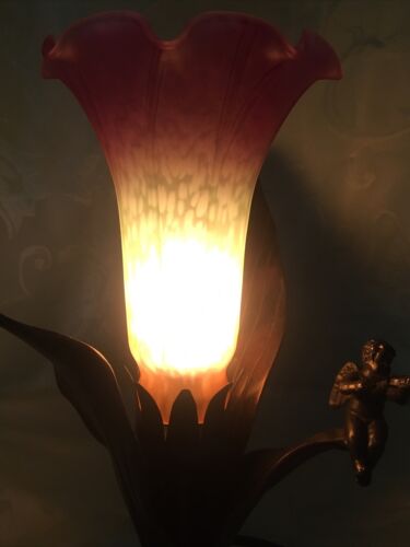 Tulip Table Lamp w/ Leaves Pink Green Yellow Glass, Metal Cherub Playing Violin - Picture 7 of 18