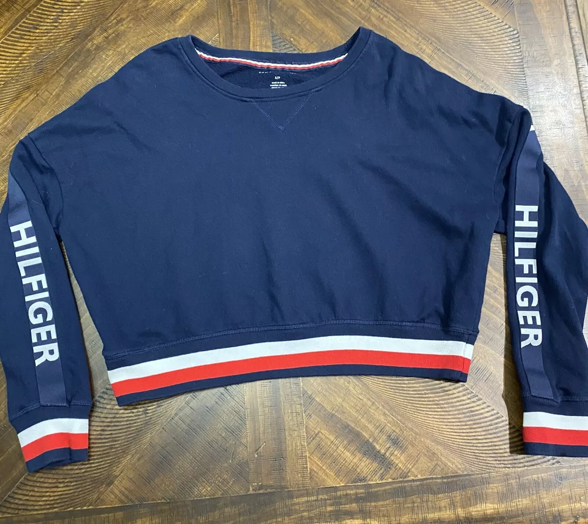 Tommy Hilfiger Cropped Pullover Sweater Navy Logo Arm Size Small
