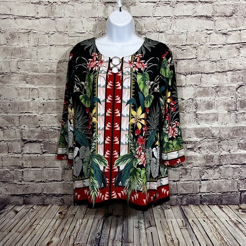 JM Collection Blouse Womens Size Large Petite Floral Keyhole Neck 3/4 Sleeve