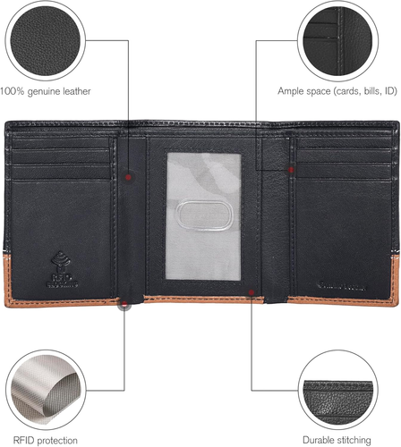 Leather Trifold Wallet for Men - RFID Blocking - 6 Card Slots, 2 Slip Pockets &  - Picture 3 of 12