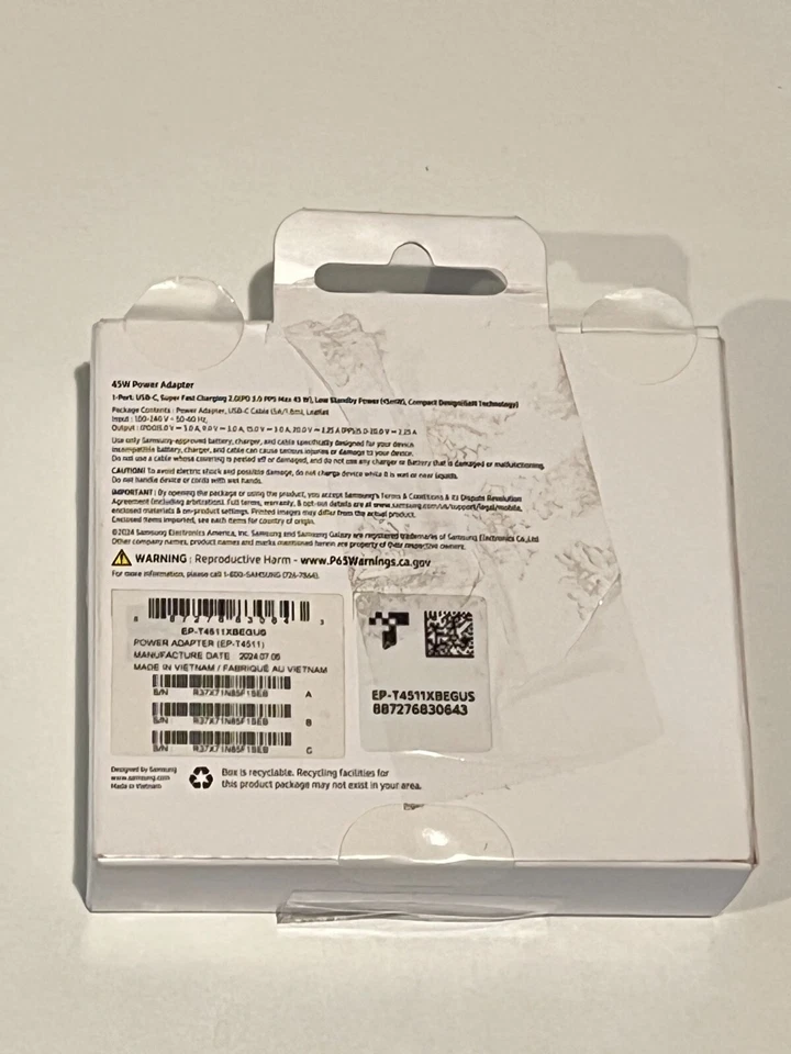 Cargador de pared súper rápido Samsung 45W bajo en espera con cable USB-C EP-T4511XBEGUS Foto 2 de 2