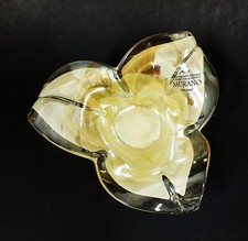 NEW GENUINE MURANO GOLD CHAMPAGNE+CLEAR 3-PETAL ART GLASS FLOWER VASE BOWL-ITALY