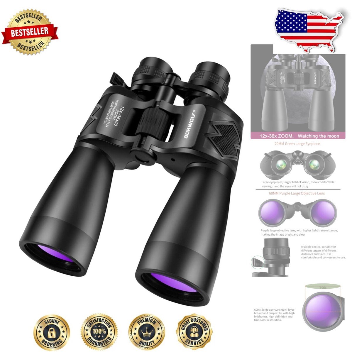 12x Magnification Binocular Zoom Guide 12-36X60 High Magnification