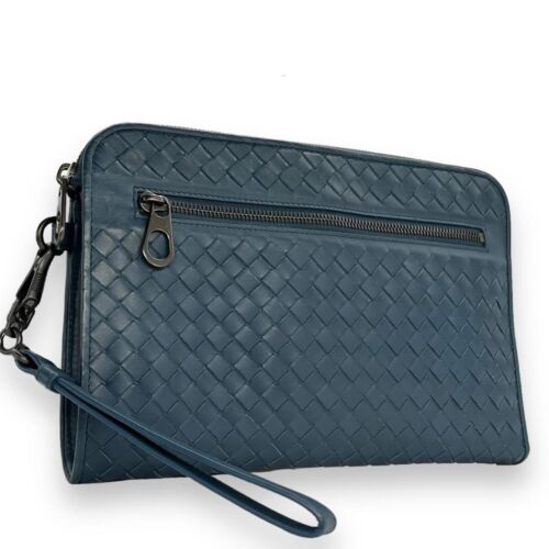 Bottega Veneta Intrecciato Clutch Bag Second Bag Leather Blue JP Used Authentic - Picture 1 of 12