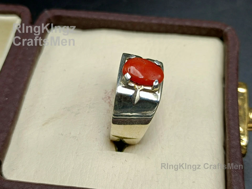 Кольцо унисекс с красным коралловым камнем кольца ручной работы серебро 925 пробы регулируемые размеры - Изображение 4 из 4