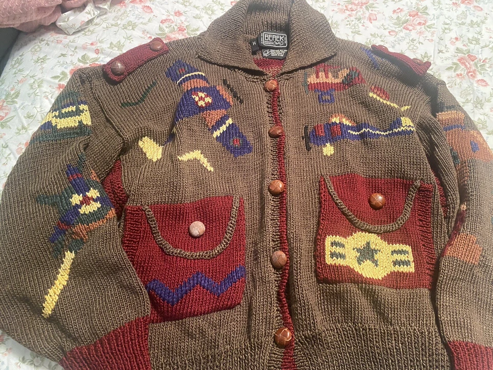 Cárdigan Berek Marta D Tejido a Mano Suéter Cuero Botones Mediano Colorido Mujeres Yo Foto 2 de 4
