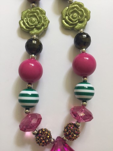 New! Diamond Center Necklace Custom Made Beaded 23.5 in Pink Green - Bild 3 von 8