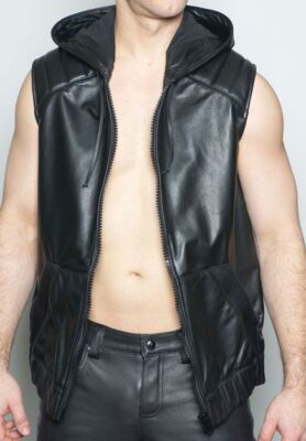 Men's Real Leather Vest With Hood Quilted Panels Leather