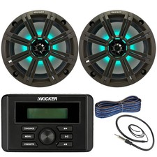 Kicker KMC3 Marine Stereo Receiver, 2x 8" LED Speakers w/Grille, Wire, Antenna