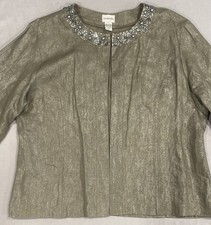 Chicos Women's Jacket 3 100 Linen Metallic Embellished Collar Old Money Classic