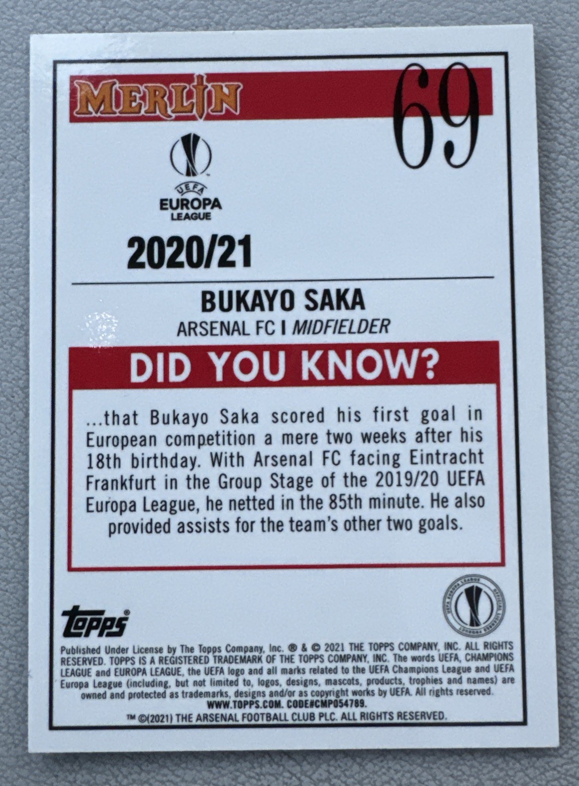2020-21 Topps Merlin Collection Bukayo Saka Aqua Prism Refractor #69 Arsenal view 2
