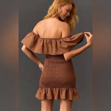 Anthropologie Brown Smocked Ruffle Off the Shoulder Mini Dress XXS 618