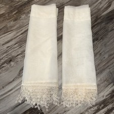 Set 2 VTG Cream Sheer Curtain Tier Swag Valance Lace Circle Tassels 50x22 READ