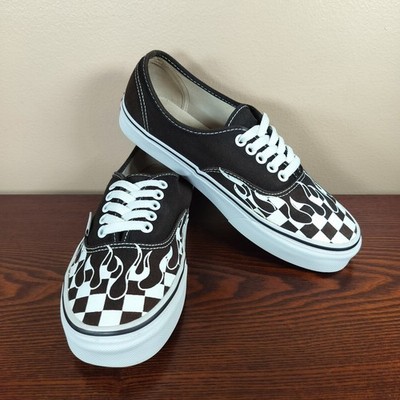 VANS Unisex Authentic Black White Checkerboard Flames On Black M7 W8.5  500714
