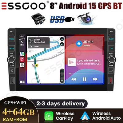 8'' Car Stereo Radio DVR+ 2DIN Android 15 Carplay 4+64G GPS Navi USB BT FM+Camera