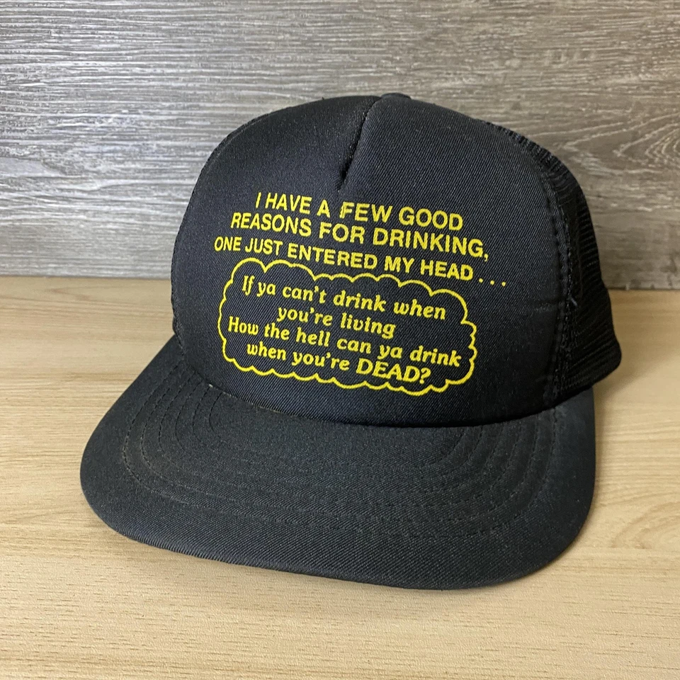 Vintage Funny Drinking Hat Cap Snap Back Black Mesh Trucker Slogan Mens 80s 90s - Image 3 of 4