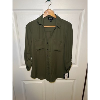 NWT By & By Olive Green Button Front Blouse Womens Large Roll Tab Top