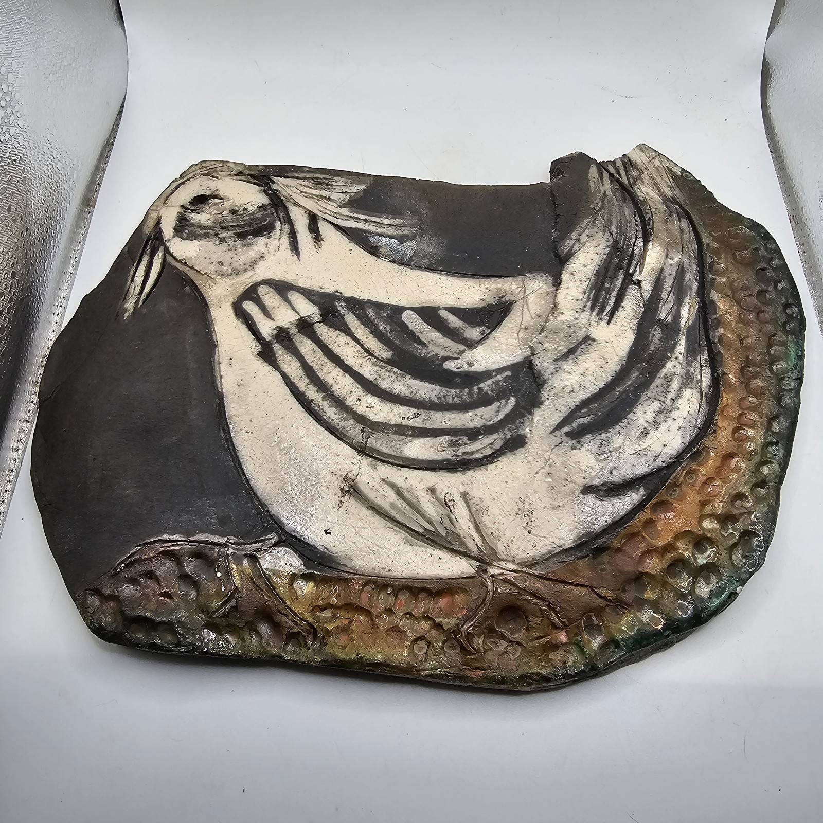 Studio Art Pottery Raku Bird Design Plaque Signed Farrell