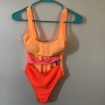 Xhilaration Womens Colorblock Cutout One Piece Swimsuit Orange Pink XS