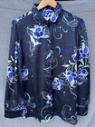Chicos Blouse Top Size 2 12/14 Navy Blue Floral Button Office Long Sleeve Satin