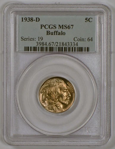 1938-D Buffalo Nickel Coin from the Denver Mint Graded MS67 by PCGS