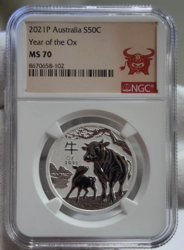 2021 P Australia 50c 1/2 oz. Silver Year of the Ox NGC MS70.