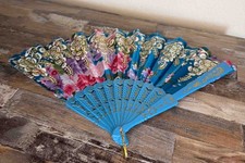 Floral Folding Hand Fan Spanish Flamenco Style Plastic Fabric w/ Pouch Light