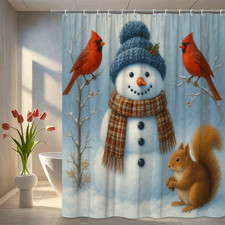 Winter Snowman Shower Curtain with Cardinals and Squirrel Design
