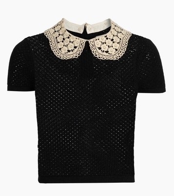 Alice + Olivia Ciara Lace Collar Short Sleeve Wool Blend Crochet Knit Top Sz M