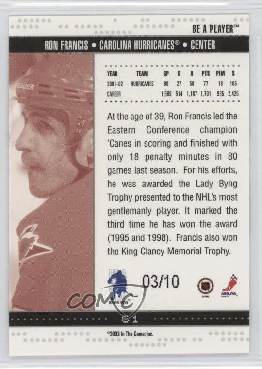 2002-03 ITG Be A Player Memorabilia Emerald /10 Ron Francis #61 HOF - Image 2 of 2