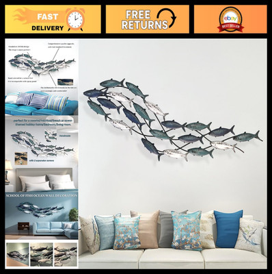 Large Nautical Metal Fish Wall Art - 3D School of 20 Fish Decor, 59'' x 16.5'' for