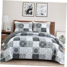 Quilt Set Size, Boho Plaid Patchwork Bedspreads Coverlet Set, Queen Grey Black