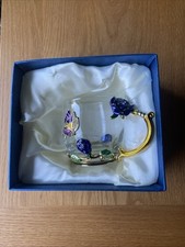 ARC of France Blue Glass Cup Mug Enamel Floral Butterfly Purple Blue Clear  32CL