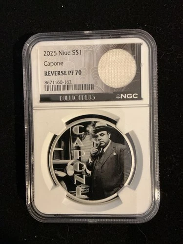 2025 $1 NIUE REVERSE PROOF SILVER AL CAPONE NGC PF70 TABLECLOTH ESTATE SWATCH