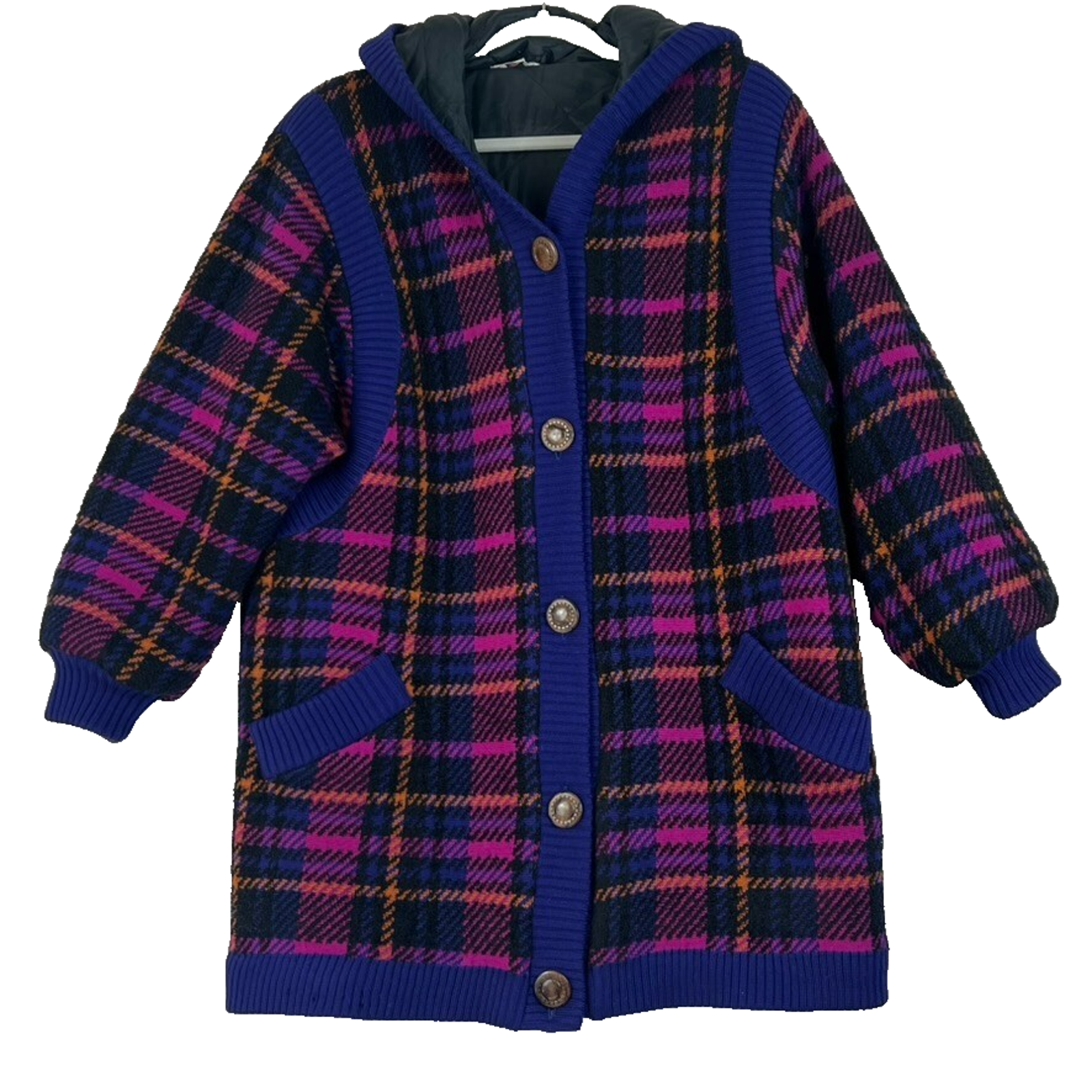 Yves Saint Laurent Cappotto Giacca Rive Gauche Tartan Lana di Agnello Viola Bottone Legno