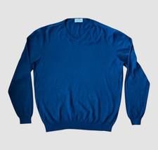 John Smedley V Neck Jumper Mens Size XL Blue Sea Island Cotton Fine Knit Sweater