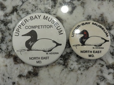 2 Vintage Upper Bay Museum Will Heverin Maryland Duck Decoy Pinback Buttons LOOK