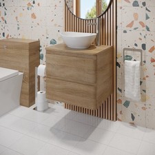 600mm Bathroom Countertop Vanity Unit Oval Basin Soft Close Wall Hung Oak Effect