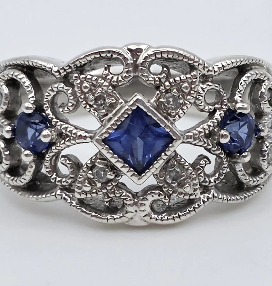 Vintage Sterling Silver Filigree Blue Sapphire Ring Size 7 Art Deco Victorian - Image 4 of 4