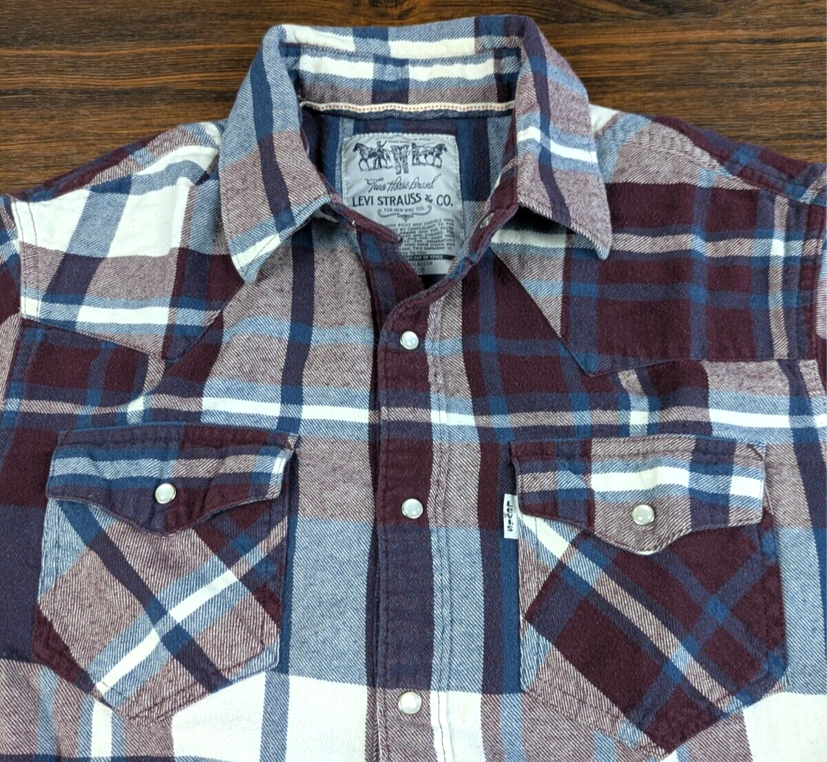 LEVIS Flannel Shirt Mens Two Horse Brand Small Red White Plaid Pearl Snap LS-image