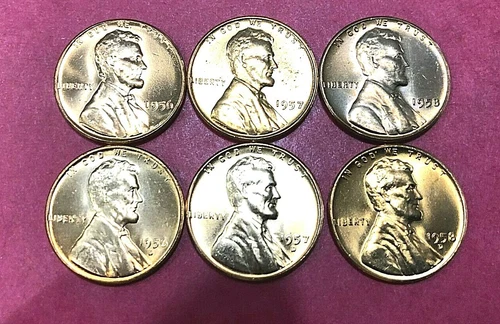 1956 1957 1958 P & D - Lincoln Wheat  Cents 6 (SIX) Gem Red Uncirculated Coins