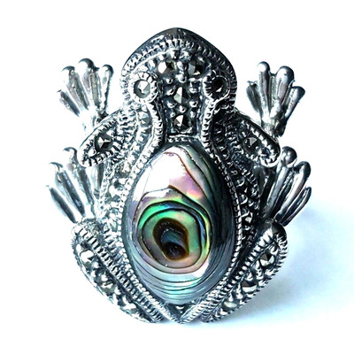 (SIZE 6,7,8) FROG RING Abalone Shell Stone Marcasite .925 STERLING SILVER