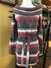 AGB Petite Large Grey White Burgundy Metallic Belted Sweater Tunic Dress Size PM