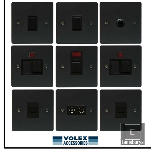 Volex Flat Matt Black Light Switches and Electrical Sockets Metal Back