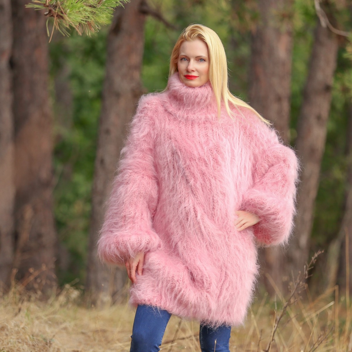 SuperTanya fuzzy pink sweater cable mohair brushed pullover, ready