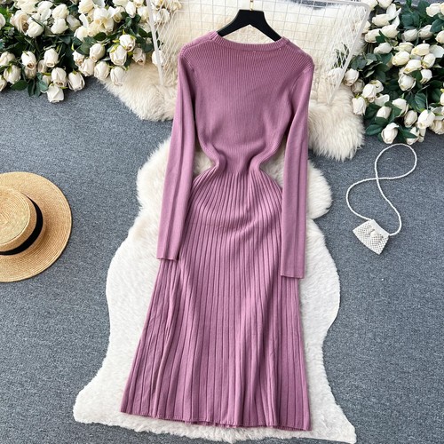 Mode Solide Herbst Winter Strick Langes Kleid Elegant Pullover Kleid Damen - Bild 23 von 29