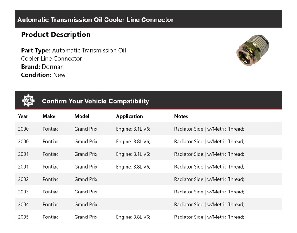 Conector de línea de enfriador de aceite para Pontiac Grand Prix Dorman AT 2000-2005 2001 2002 Foto 2 de 4