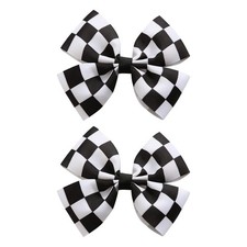 2 PCS Black White Racing Checkered Flag Hair Bow Clips 4 Inch Girls Pigtail