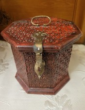 Vintage Hexagonal Wooden Carved Asian Vintage Tea/Trinket/Jewellery Box 17x 20cm