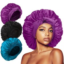 3Pcs Silk Bonnet for Sleeping, Satin Hair Bonnets for Sleeping Black Curly Ha...